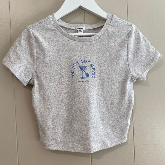 Garage “You Just Got Served” Social Club Graphic Crop Tee | Gray Short Sleeve Si - Picture 6 of 10
